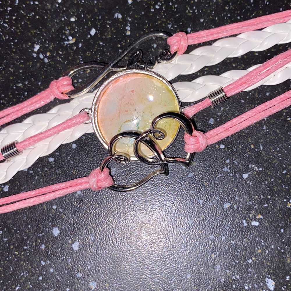 Faux Pink & White Leather Bracelet w Alcohol Ink Art Piece Under Domed Glass
